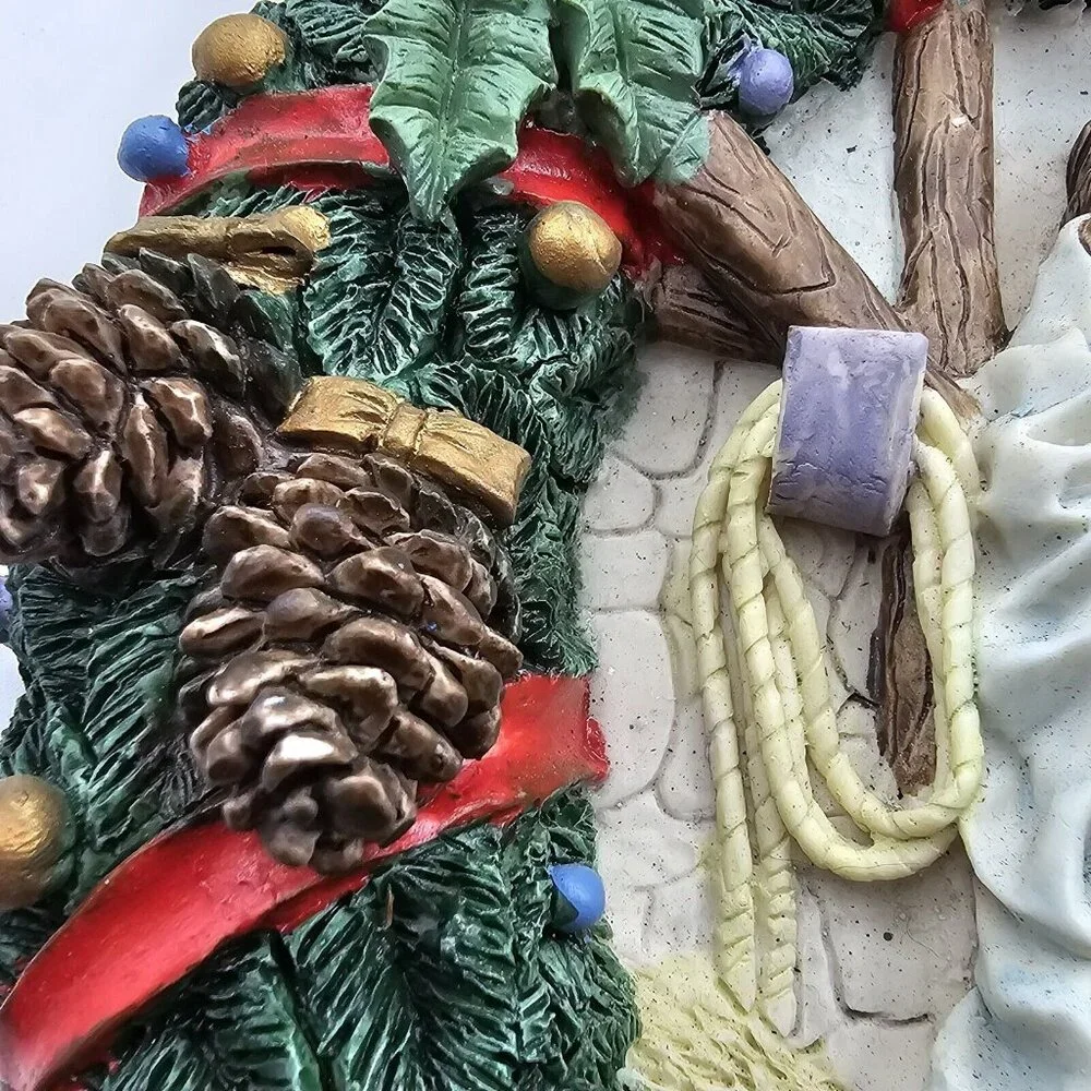 Vintage Nativity Scene Jesus in Manger Wall Hanging Wreath Christmas Door Decor